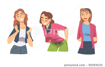Amused Woman Character Talking and Laughing Having Cheerful Mood Vector Set 90994030