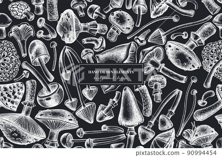 Forest mushrooms seamless pattern background design. Engraved style. Hand drawn mushrooms, fly agaric, blewit, etc. 90994454