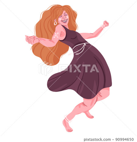 Eccentric beautiful woman in a joyful rhythm dancing. The concept of rhythm, movement, enjoyment. Flat illustration of rhythm and energy. Moving to Sound Rhythm Happy Leisure and Sparetime. 90994650