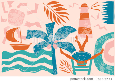 Abstract poster with a girl on the beach with palm trees, sea, lighthouse and birds. Summer chill. Summertime vacation card with female resting. Pinky flat vector illustration. Abstract poster with a girl on the beach with palm trees, sea, lighthouse and birds. Summer chill. Summertime vacation card with female resting. Pinky flat vector illustration. 90994654