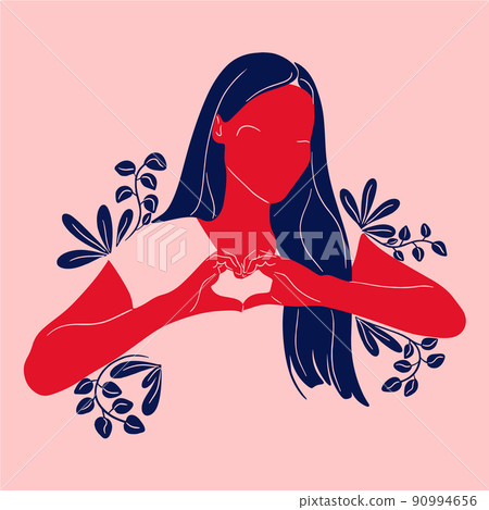 Woman with hands in the form of heart. Vector flat illustration. Making love sign by hands. Female silhouette Woman with hands in the form of heart. Vector flat illustration. Making love sign by hands. Female silhouette 90994656