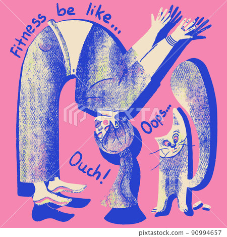 Funny girl is engaged in fitness with a cat. Healthy lifestyle concept. Vector character design illustration in pink and blue colors 90994657
