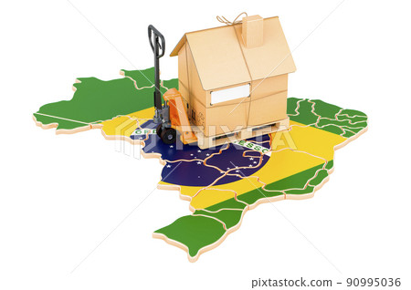 Residential moving service in Brazil, concept. Hydraulic hand pallet truck with cardboard house parcel on Brazilian map, 3D rendering 90995036