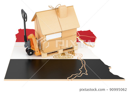 Residential moving service in Egypt, concept. Hydraulic hand pallet truck with cardboard house parcel on Egyptian map, 3D rendering 90995062