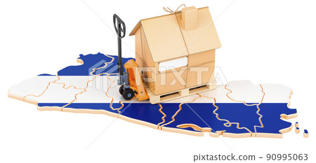 Residential moving service in El Salvador, concept. Hydraulic hand pallet truck with cardboard house parcel on Salvadoran map, 3D rendering Residential moving service in El Salvador, concept. Hydraulic hand pallet truck with cardboard house parcel on Salvadoran map, 3D rendering 90995063
