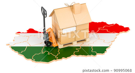 Residential moving service in Hungary, concept. Hydraulic hand pallet truck with cardboard house parcel on Hungarian map, 3D rendering Residential moving service in Hungary, concept. Hydraulic hand pallet truck with cardboard house parcel on Hungarian map, 3D rendering 90995068