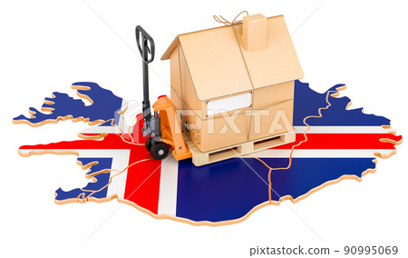 Residential moving service in Iceland, concept. Hydraulic hand pallet truck with cardboard house parcel on Icelandic map, 3D rendering Residential moving service in Iceland, concept. Hydraulic hand pallet truck with cardboard house parcel on Icelandic map, 3D rendering 90995069