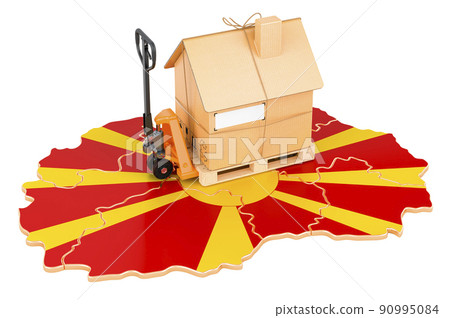 Residential moving service in Macedonia, concept. Hydraulic hand pallet truck with cardboard house parcel on Macedonian map, 3D rendering Residential moving service in Macedonia, concept. Hydraulic hand pallet truck with cardboard house parcel on Macedonian map, 3D rendering 90995084