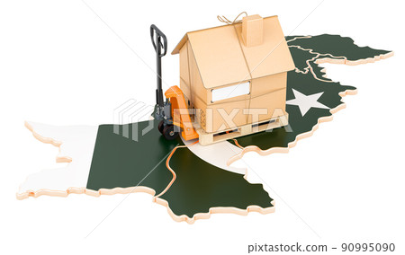 Residential moving service in Pakistan, concept. Hydraulic hand pallet truck with cardboard house parcel on Pakistani map, 3D rendering Residential moving service in Pakistan, concept. Hydraulic hand pallet truck with cardboard house parcel on Pakistani map, 3D rendering 90995090