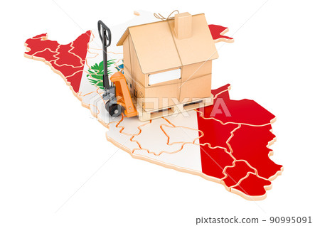 Residential moving service in Peru, concept. Hydraulic hand pallet truck with cardboard house parcel on Peruvian map, 3D rendering Residential moving service in Peru, concept. Hydraulic hand pallet truck with cardboard house parcel on Peruvian map, 3D rendering 90995091