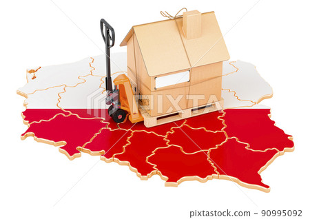 Residential moving service in Poland, concept. Hydraulic hand pallet truck with cardboard house parcel on Polish map, 3D rendering Residential moving service in Poland, concept. Hydraulic hand pallet truck with cardboard house parcel on Polish map, 3D rendering 90995092