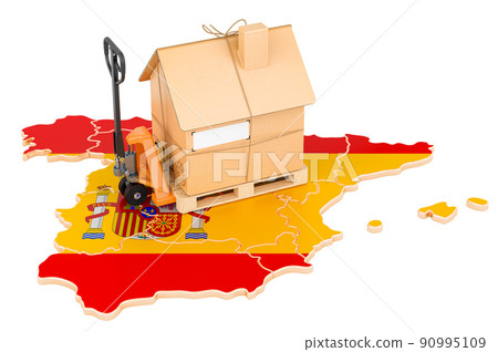Residential moving service in Spain, concept. Hydraulic hand pallet truck with cardboard house parcel on Spanish map, 3D rendering Residential moving service in Spain, concept. Hydraulic hand pallet truck with cardboard house parcel on Spanish map, 3D rendering 90995109
