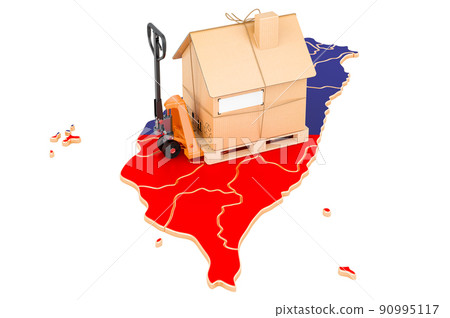 Residential moving service in Taiwan, concept. Hydraulic hand pallet truck with cardboard house parcel on Taiwanese map, 3D rendering 90995117
