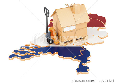 Residential moving service in the Netherlands, concept. Hydraulic hand pallet truck with cardboard house parcel on the Netherlands map, 3D rendering 90995121