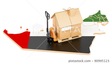 Residential moving service in the UAE, concept. Hydraulic hand pallet truck with cardboard house parcel on the United Arab Emirates map, 3D rendering Residential moving service in the UAE, concept. Hydraulic hand pallet truck with cardboard house parcel on the United Arab Emirates map, 3D rendering 90995123