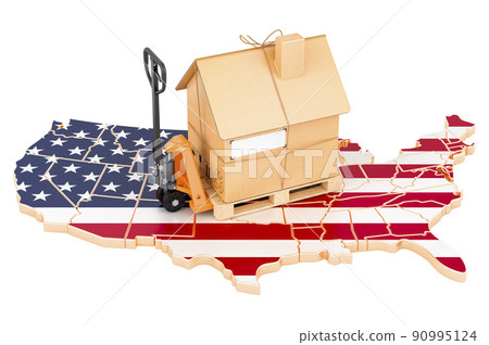 Residential moving service in the USA, concept. Hydraulic hand pallet truck with cardboard house parcel on the United States map, 3D rendering Residential moving service in the USA, concept. Hydraulic hand pallet truck with cardboard house parcel on the United States map, 3D rendering 90995124