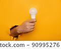 Hand holding an incandescent led light bulb from a torn hole in yellow paper 90995276