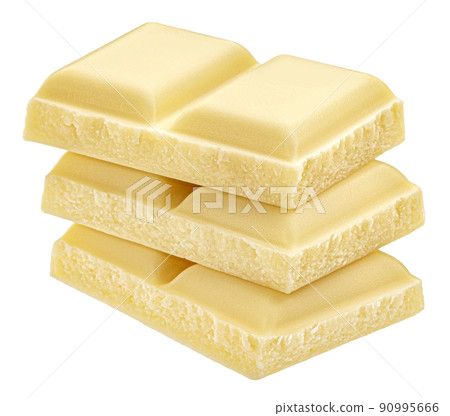 White milk chocolate pieces isolated on white background 90995666