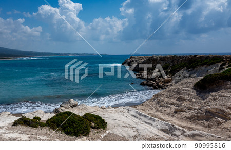 The rocky coast of the Mediterranean Sea on the Akamas Peninsula in the northwest of the island of Cyprus. 90995816