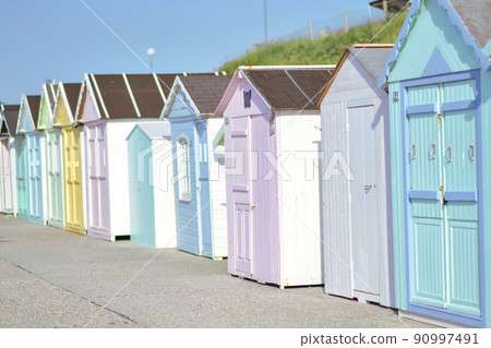 Colored wooden houses on the ocean Saint aubin sur mer 90997491