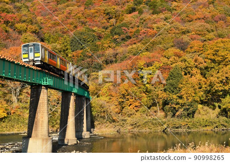 Suigun Line crossing the Kuji River in autumn colors 90998265