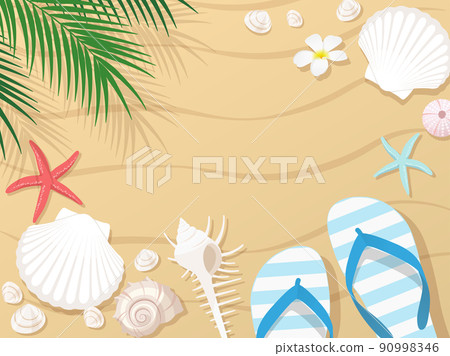 Background frame for sandy beaches and seashells, palm leaves and flip-flops 90998346