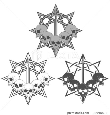 Vector design of skulls with sword and star, grayscale 90998802