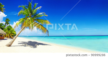 Beach with white sand, sun and quiet ocean. Tropical banner. 90999286