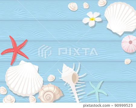 Blue tree and seashell background frame 90999523