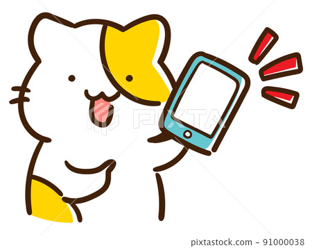 Deformed illustration of a cute cat showing a smartphone Deformed illustration of a cute cat showing a smartphone 91000038