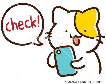 Deformed illustration of a cute cat checking a smartphone 91000045
