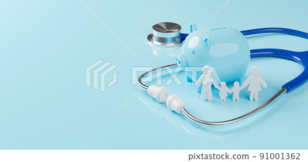 Top view of medical stethoscope with piggy bank and icon family on cyan background 91001362