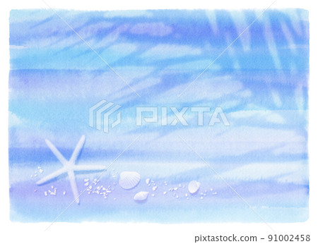 Summer blue watercolor gradation with white starfish, seashells and palm leaf silhouettes 91002458