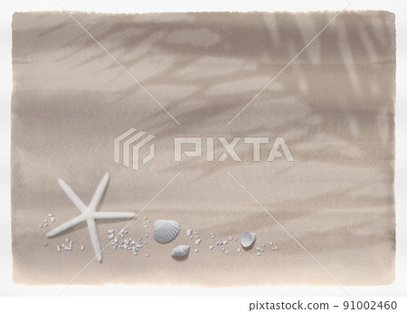 Watercolor gradation of sandy beach with white starfish, seashells and palm leaf silhouettes 91002460