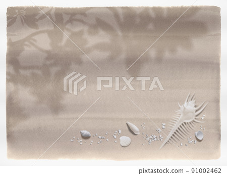 Watercolor gradation of sandy beach with beautiful seashells and plumeria silhouettes 91002462
