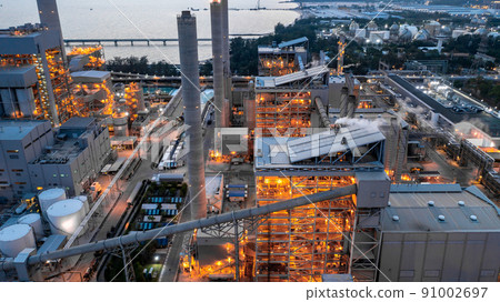 Aerial view electric plants turbine generator in the power plant, Gas turbine electrical power plant electricity generating station industry. Aerial view electric plants turbine generator in the power plant, Gas turbine electrical power plant electricity generating station industry. 91002697