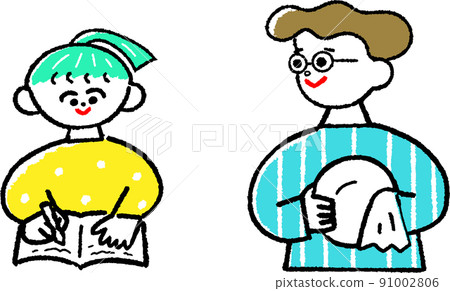 女孩學習和丈夫做家務的時尚父母和孩子的插圖 91002806