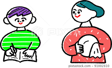 Illustration of a fashionable parent and child of a boy studying and a mother doing housework Illustration of a fashionable parent and child of a boy studying and a mother doing housework 91002810