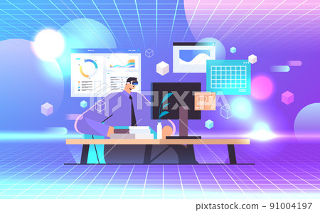 businessman in digital VR glasses working on laptop exploring virtual reality vision headset innovation metaverse businessman in digital VR glasses working on laptop exploring virtual reality vision headset innovation metaverse 91004197