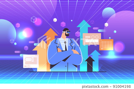 successful businessman in vr glasses with going up arrows growth success achievement leadership concept successful businessman in vr glasses with going up arrows growth success achievement leadership concept 91004198
