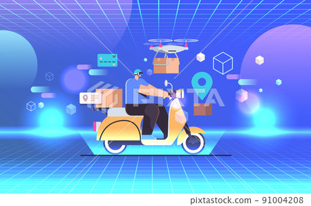 man courier in vr glasses riding scooter express delivery service virtual reality vision headset innovation metaverse 91004208