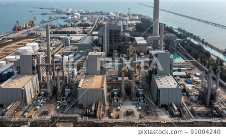 Aerial view electric plants turbine generator in the power plant, Gas turbine electrical power plant electricity generating station industry. Aerial view electric plants turbine generator in the power plant, Gas turbine electrical power plant electricity generating station industry. 91004240