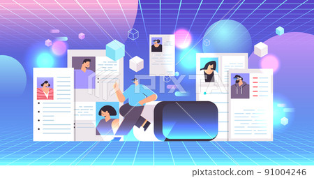 hr manager in vr glasses choosing resume with photo and personal info of new employees vr vision headset innovation metaverse 91004246