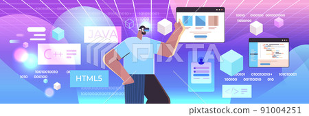 web developer in digital glasses creating... - Stock Illustration ...