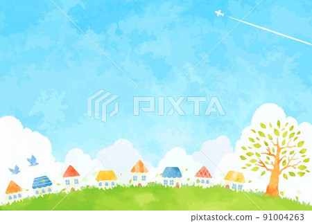 清新的藍天、城市景觀和樹木的插圖 91004263