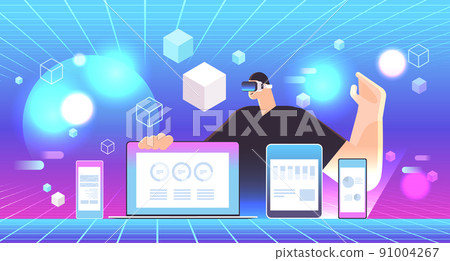 businessman in vr glasses analyzing financial statistics charts and graphs on digital gadgets virtual reality vision headset innovation businessman in vr glasses analyzing financial statistics charts and graphs on digital gadgets virtual reality vision headset innovation 91004267