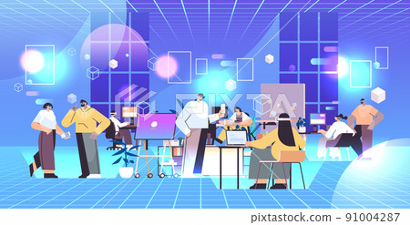 businesspeople in digital glasses working and discussing during conference meeting in office vr vision headset innovation metaverse 91004287