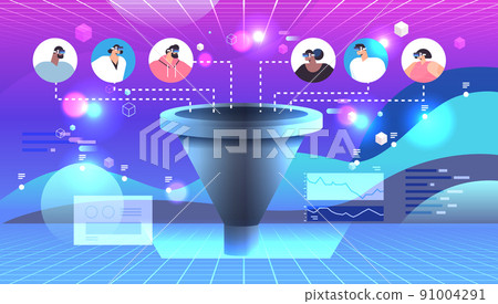 mix race customers or employees wearing digital glasses metaverse virtual reality technology sales funnel cone mix race customers or employees wearing digital glasses metaverse virtual reality technology sales funnel cone 91004291