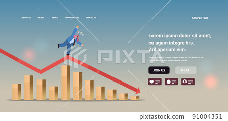 arab businessman standing on downward red arrow recession financial crisis bankruptcy concept arab businessman standing on downward red arrow recession financial crisis bankruptcy concept 91004351