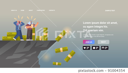 frustrated arab businessmen standing on edge dollar banknotes falling into abyss devaluation financial crisis bankruptcy frustrated arab businessmen standing on edge dollar banknotes falling into abyss devaluation financial crisis bankruptcy 91004354